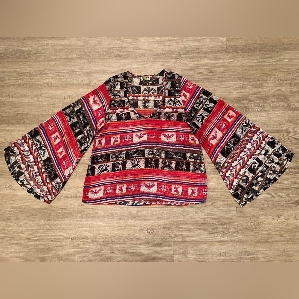 Show Me Your Mumu Boho Tribal Print Relaxed Sheer Tunic Top Bell Sleeves Size S - Picture 2 of 8